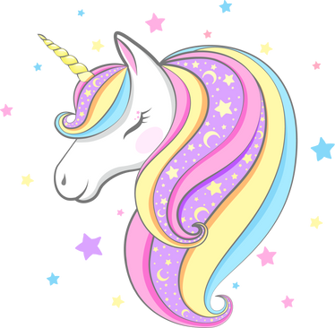 Unicorn with a multi-colored mane and a golden horn in the stars on an isolated background